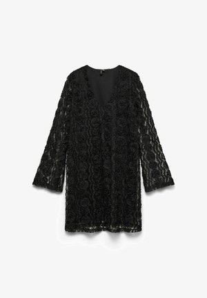 Zwarte kanten jurk met lange mouwen, V-hals en bloemenpatroon. Doorschijnende textuur met gelaagde stof, die een vloeiende silhouet biedt.