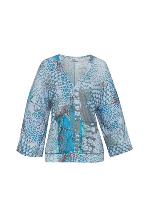 Lichtgewicht, gemusterd top in blauw- en grijstinten met een V-hals en driekwartmouwen, met een getextureerd, dierenprintontwerp.