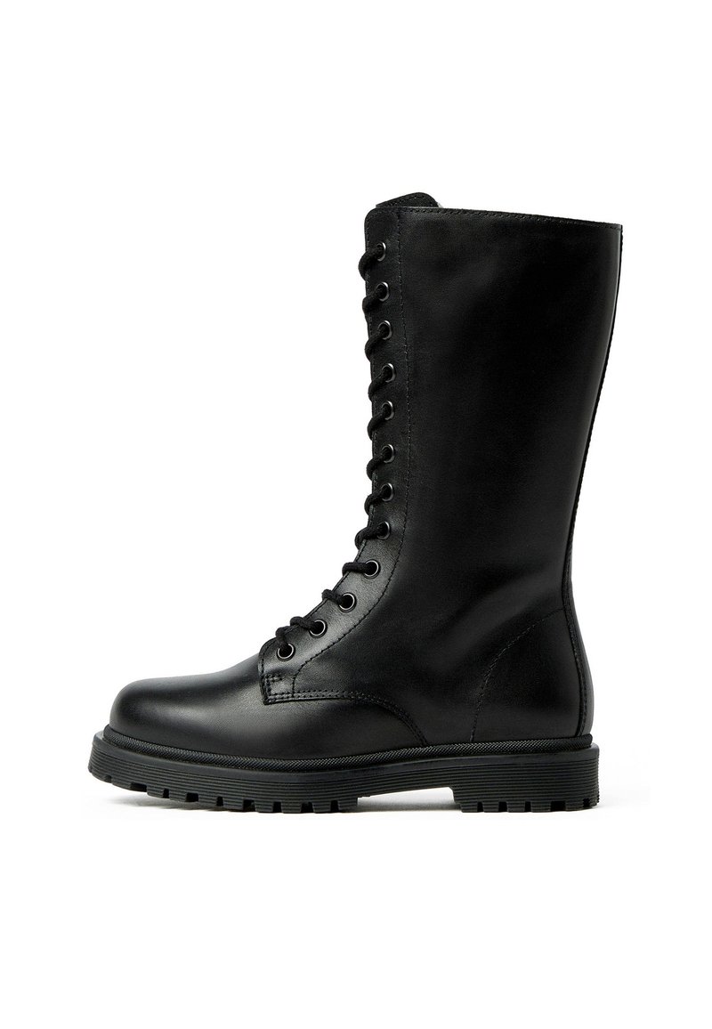 Black leather combat boot with a tall shaft, round toe, lace-up front, and patterned rubber sole. Features reinforced stitching and metal eyelets.