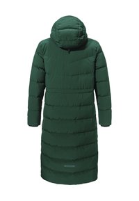Langer grüner Puffermantel mit Kapuze, mit horizontalen Nähten, Frontreißverschluss und elastischen Bündchen für Wärme und Komfort.