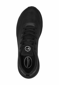 Black athletic shoe with a textured mesh upper and smooth overlays. Features round laces, a cushioned insole, and a logo on the tongue.