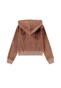 Brun cropped hettegenser med en myk, fløyelsaktig tekstur, snorhett og ribbede mansjetter og kant. Bakvisning viser en jevn stoffoverflate.