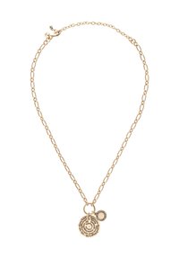 Collier en or avec un pendentif circulaire portant un texte gravé et un accent circulaire plus petit orné de strass.