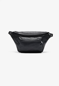 Black leather pouch bag with a smooth texture, featuring a zippered top and a front pocket. Includes adjustable straps and subtle branding.
