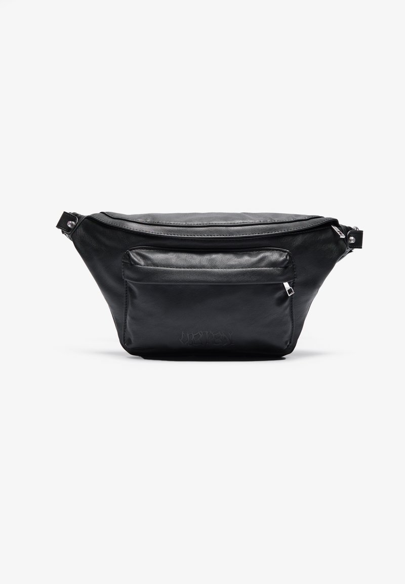Black leather pouch bag with a smooth texture, featuring a zippered top and a front pocket. Includes adjustable straps and subtle branding.
