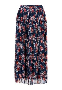 Plisserad maxikjol i marinblått tyg, med röda och rosa blommönster. Elastisk midja för komfort, flödande design och mjuk textur.