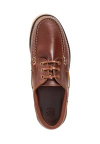Brown leather shoe with a rounded toe, lace-up front, and contrasting stitching. Smooth texture and a sturdy rubber outsole.