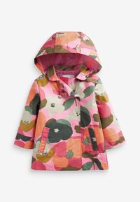 Imperméable floral coloré avec capuche, dans des teintes rose, verte et brune, doté de deux poches avant et d'un matériau léger.