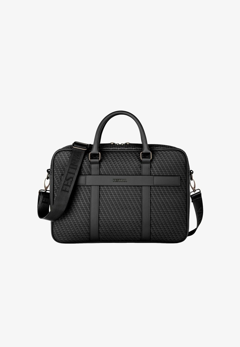 Maletín negro de cuero tejido con doble asa, correa ajustable para el hombro y detalle de correa horizontal en el panel delantero.