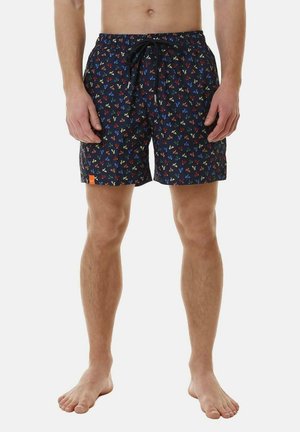 Costumi da bagno da uomo, sfondo blu navy con motivo di farfalle multicolori, vita elastica con cordino, tessuto leggero.