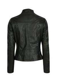 Black leather jacket with a fitted design, featuring long sleeves, a collared neckline, and visible stitching details on the back.