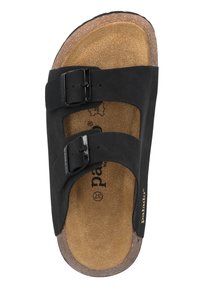 Schwarze flache Slipper-Sandalen mit zwei verstellbaren Riemen, Korkfußbett und strukturiertem Sohlen. Mit einem Logo auf der Innensohle und metallenen Schnallen ausgestattet.