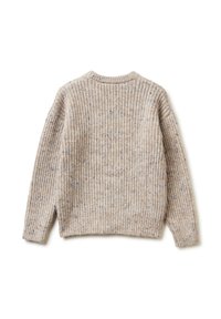 Beige gestrickter Pullover mit einem strukturierten Rippendesign, das blaue Spritzer aufweist. Runder Ausschnitt und lange Ärmel mit entspannter Passform.
