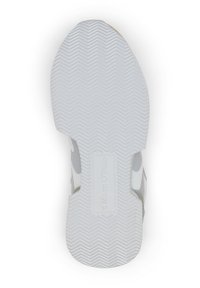 Σόλα παπουτσιού από λευκό λάστιχο με σχέδιο ψαροκόκαλο, διαθέτοντας λεία επιφάνεια και εμπορικό σήμα. Σχεδιασμένη για πρόσφυση και αντοχή.