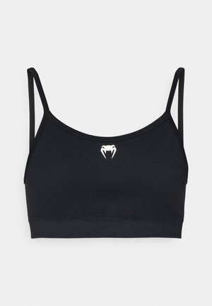 Schwarzer Sport-BH mit dünnen verstellbaren Trägern, tailliertem Design und kleinem weißen Schlangenlogo auf der Vorderseite. Glatter, dehnbarer Stoff.