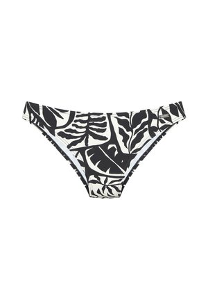 Schwarz-weißer Bikini-Slip mit kräftigem tropischem Blättermuster und kleinem Metall-Logo auf der rechten Bundseite.