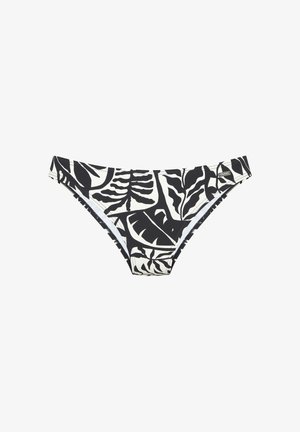 Czarno-białe figi bikini z wyraźnym tropikalnym wzorem liści i małym metalowym logo po prawej stronie paska.