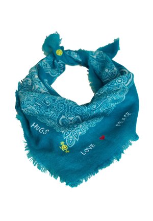 Blue paisley-patterned scarf with fringed edges and embroidered words "Hugs," "Love," and "Peace" with yellow smiley faces and a red heart.