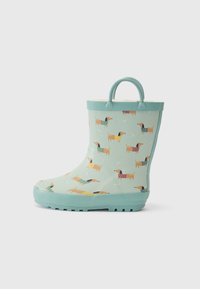 Bota de lluvia de goma azul claro con un diseño estampado de teckels. Presenta una suela texturizada y una pequeña asa en la parte superior para facilitar su uso.