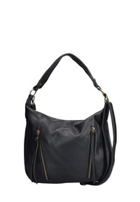 Black leather handbag featuring a textured surface, two front zippered pockets, and a single shoulder strap with a gold-tone hardware accent.