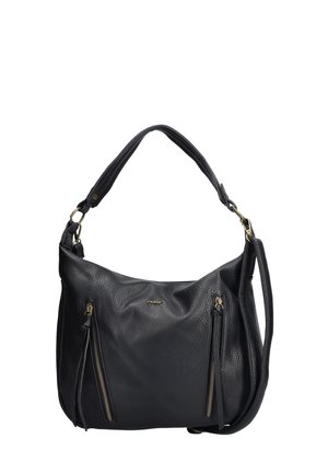 Black leather handbag featuring a textured surface, two front zippered pockets, and a single shoulder strap with a gold-tone hardware accent.