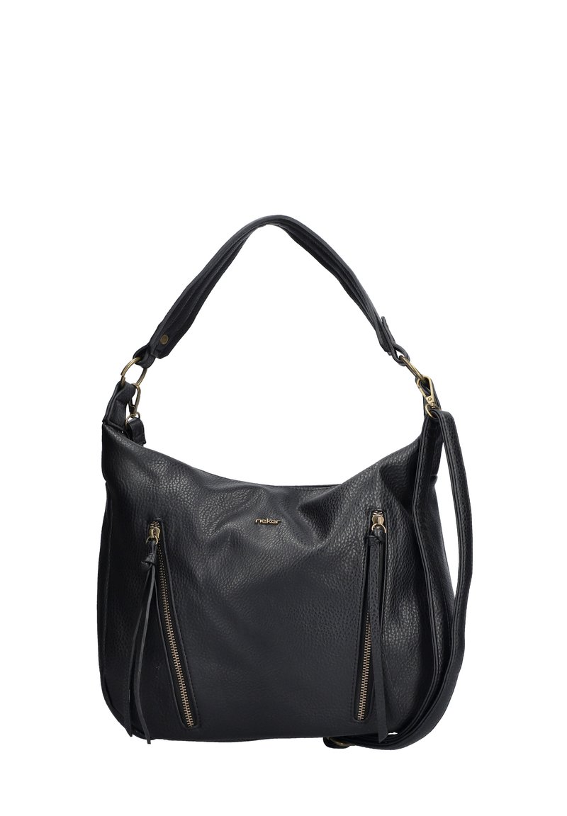 Black leather handbag featuring a textured surface, two front zippered pockets, and a single shoulder strap with a gold-tone hardware accent.