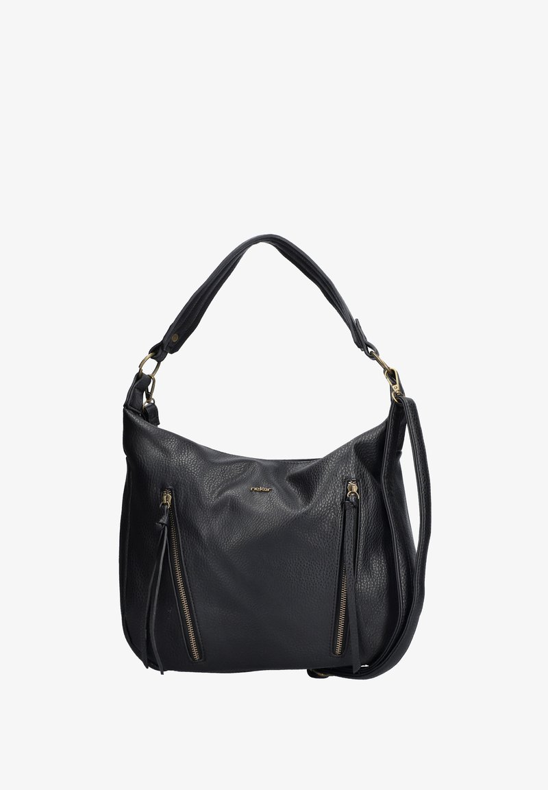 Black leather handbag featuring a textured surface, two front zippered pockets, and a single shoulder strap with a gold-tone hardware accent.