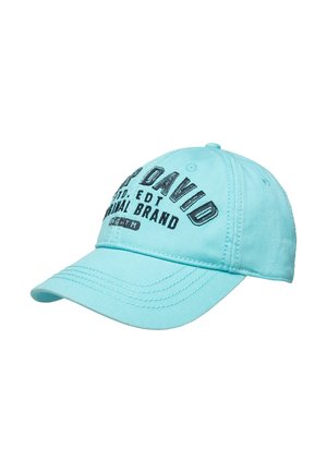 Turquoise baseball cap with black printed text and logo. Made of cotton, featuring a curved brim and stitched accents.