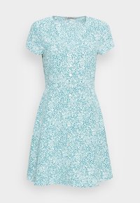 Lyhythihainen teal-värinen mekko, jossa on valkoinen kirjailtu kuvio. Mekossa on pyöreä kaula-aukko ja napitettavat etuosat, ja se levenee helmasta.