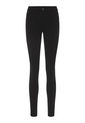 Pantalones negros de corte ajustado con botones delanteros y trabillas para cinturón, confeccionados en un tejido liso y elástico, con diseño de cintura alta.