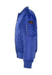 Giacca bomber blu con una finitura liscia e lucida, dotata di una tasca con zip sul braccio, polsini a coste e colletto rialzato.