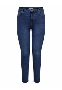 Tmavě modré skinny džíny vyrobené z denimu, s klasickým pětikapsovým designem, předním zipem a jemnými stehy na švech.