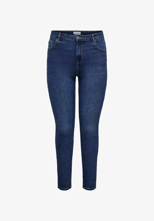 Dunkelblaue Skinny-Jeans aus Denim, mit einem klassischen Fünf-Taschen-Design, einem Reißverschluss vorne und subtilen Nähdetails an den Nähten.