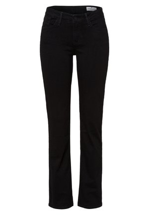 Black straight-leg jeans made from denim, featuring a classic five-pocket design, zip fly, and belt loops. Smooth texture with solid color.