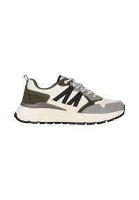 Low-top athletic sneaker with white mesh, gray suede, olive green accents, black "M" design, white laces, and thick white sole with black tread.