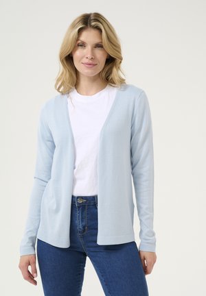Light blue cardigan made of soft fabric, featuring open front design, long sleeves, and a relaxed fit, worn over a white t-shirt.