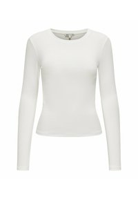 Langärmliges weißes Oberteil aus dehnbarem Stoff, mit rundem Halsausschnitt und tailliertem Design. Glatte Textur ohne sichtbare Muster.