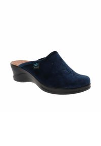 Zoccolo in suede blu navy con tacco a zeppa, dotato di una soletta in sughero imbottita e di un sottile design ricamato sulla tomaia. Suola in sintetico nera.