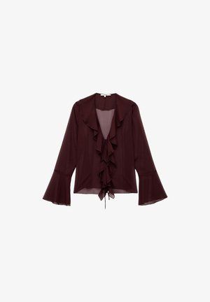 Bordeauxfarbige Bluse aus leichtem Stoff mit gerafftem Vorderteil, ausgestellten Ärmeln und einer Schleifenbindung am Hals. Mit strukturiertem Finish.
