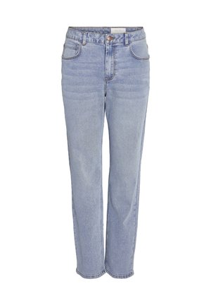 Svijetloplave traperice sa ravnim krojem, visokim strukom, pet džepova i prednjim kopčanjem na gumb. Vidljiva su suptilna izbjeđenja i detalji šivanja.