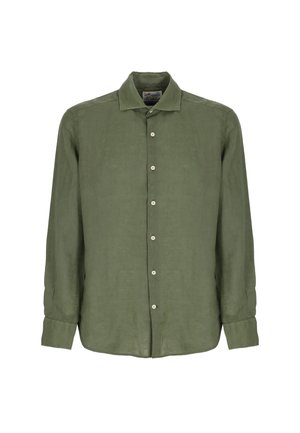 Camicia verde oliva a maniche lunghe con collo e bottoni bianchi, realizzata in tessuto leggero.