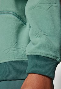 Grønn fleece-genser med glidelås lomme, teksturdetaljer på ermene, og ribbestrikkede mansjetter. Myk stoff med en glatt finish.