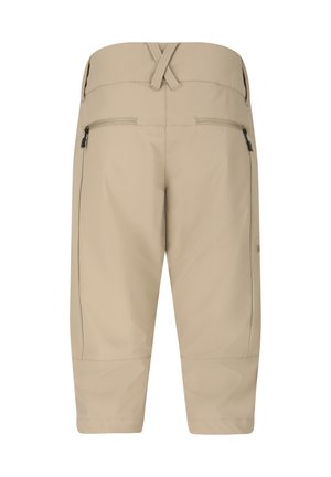 Beige cropped bukser med elastisk taljebånd, baglommer med lynlås og syet knædetalje, vist bagfra.