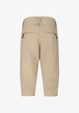 Beige cropped bukser med elastisk taljebånd, baglommer med lynlås og syet knædetalje, vist bagfra.