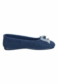 Blue wool slippers with a rounded toe, textured surface, and a gray bow accent on the upper. Flexible rubber sole. Low-profile design.