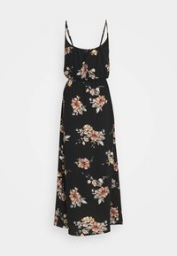 Sort maxikjole med blomstermønster i nuancer af pink, creme og grøn. Har justerbare spaghetti-stropper og en indsnævret taljedesign.