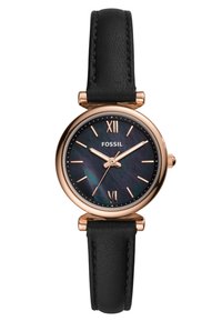 Runde Fossil-Uhr mit einem schwarzen strukturierten Lederarmband, Gehäuse aus Roségold, dunklem schimmerndem Zifferblatt und römischen Ziffern bei 12 und 6.