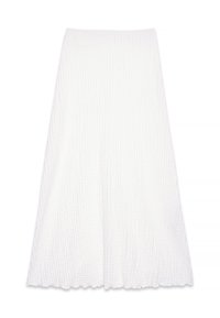 Weiße, strukturierte A-Linien-Rock mit einem gewaffelten Muster, knielang mit einer gewellten Säumung, geeignet für legere Anlässe.