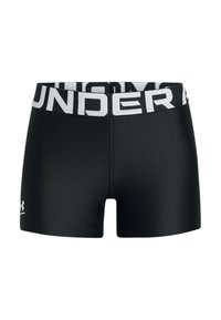 Svarta träningsshorts med en bred elastisk midja som har logotypen "UNDER ARMOUR" i vit text. Slät tyg, åtsittande design.