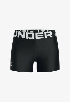 Shorts sportivi neri con una ampia cintura elastica che presenta il logo "UNDER ARMOUR" in testo bianco. Tessuto liscio, design aderente.